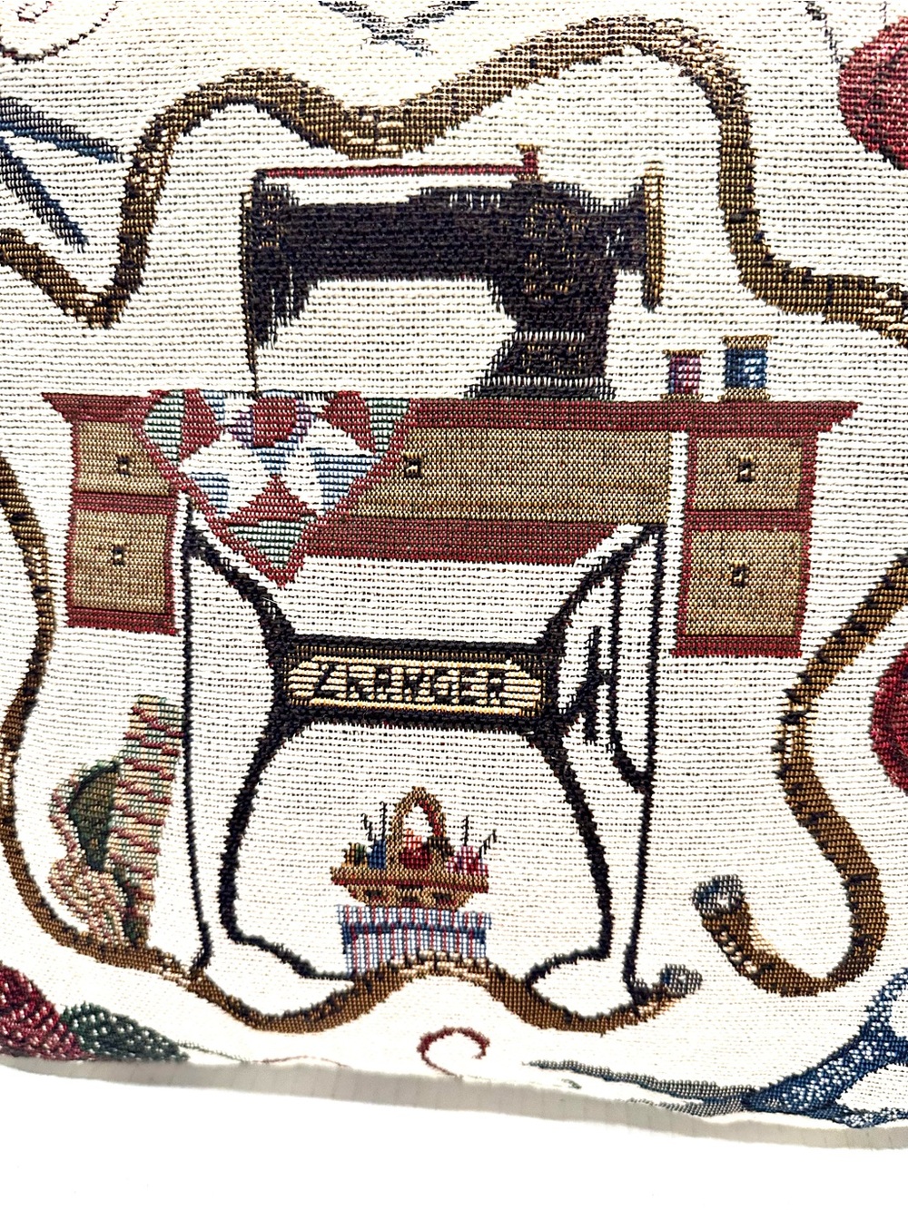 Vintage Tapestry Sewing Machine Accent Pillow  in Cream and Brown - Picture 3 of 10